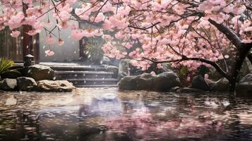 un' visivamente travolgente composizione in mostra giapponese ciliegia fiori sakura nel pieno fioritura entro un' giardino, permettendo spazio per testo. sfondo Immagine, ai generato foto