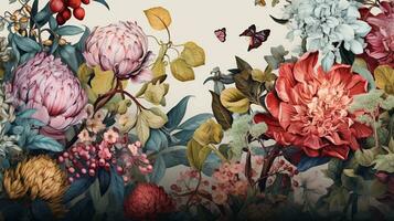 un' visivamente travolgente composizione con un' botanico illustrazione di intricato florals con un' strutturato sfondo, permettendo spazio per testo. sfondo Immagine, ai generato foto