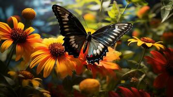 un' visivamente attraente composizione cattura un' farfalla in mezzo un' giardino pieno con strutturato fiori e fogliame, permettendo spazio per testo, sfondo Immagine, ai generato foto