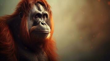 avvicinamento di un eccezionale maschio orangutan con strutturato sfondo e spazio per testo, sfondo Immagine, ai generato foto