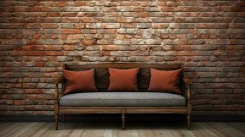Immagine di un' tradizionale di legno divano con spazio per testo e strutturato vivace mattone parete sfondo, sfondo Immagine, ai generato foto