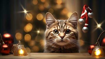 un' gatto e un' scintillio nel suo occhio, circondato di Natale decorazioni, con camera per testo, sfondo Immagine, generativo ai foto
