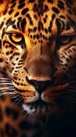 avvicinamento di eccezionale leopardo con strutturato sfondo e enorme spazio per testo, verticale formato, sfondo Immagine, generativo ai foto
