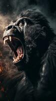 avvicinamento di ruggente arrabbiato maschio gorilla con strutturato sfondo e enorme spazio per testo, verticale formato, sfondo Immagine, generativo ai foto