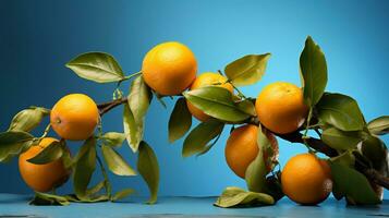 un' leggero blu sfondo, arance con un' ramo su il sinistra lato, sfondo Immagine, generativo ai foto