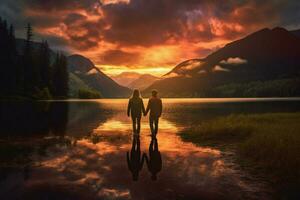 coppia montagna lago tramonto foto