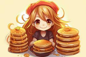 carino kawaii ragazza con Pancakes cibo foto