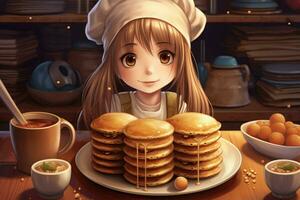 carino kawaii ragazza con Pancakes cibo foto