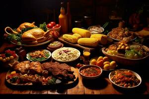 nel vivace colori un' tavolo da pranzo pieno di cibo come come foto