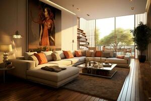 moderno interno vivente camera con confortevole divano foto