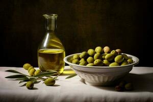 oliva olio e un' ciotola di olive Il prossimo per esso foto