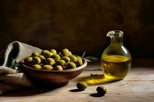 oliva olio e un' ciotola di olive Il prossimo per esso foto