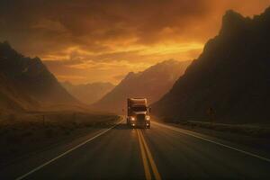 camion guida attraverso montagna passaggio a tramonto foto