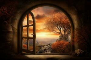 finestra con surreale e magico paesaggio Visualizza foto