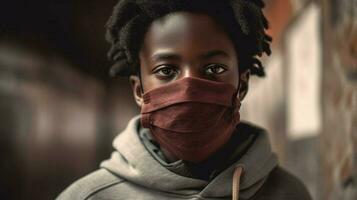 un' nero ragazzo indossare protettivo maschera covid 19 maschera foto