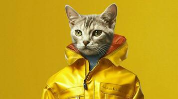 un' gatto nel un' giallo giacca con un' giallo sfondo foto