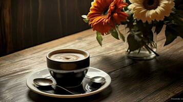 un' tazza di caffè e un' fiore su un' di legno tavolo foto