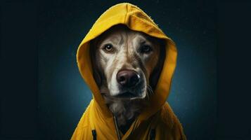 un' cane con un' giallo felpa con cappuccio quello dice cane su esso foto