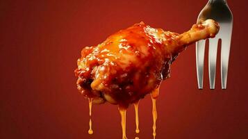 un' forchetta con un' pezzo di pollo coperto nel salsa foto