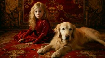 un' ragazza e un' d'oro cane da riporto cane su un' tappeto foto