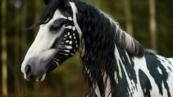 un' cavallo con un' nero criniera e bianca marcature foto