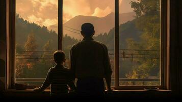 un' uomo e bambino guardare su un' finestra foto