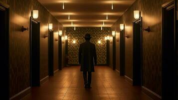 un' uomo è a piedi nel un' corridoio con luci su il foto