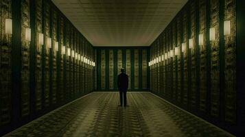 un' uomo sta nel un' buio corridoio con molti righe di foto