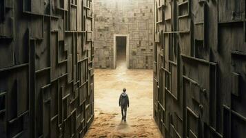 un' uomo passeggiate attraverso un' labirinto con il porta Aperto foto