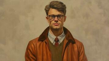 un' uomo con bicchieri e un' Marrone giacca foto