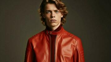 un' modello indossa un' rosso pelle giacca foto