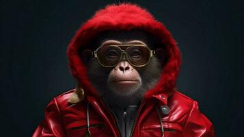 un' scimmia nel un' rosso giacca con un' rosso felpa con cappuccio foto