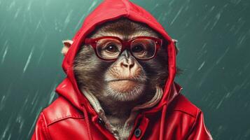 un' scimmia nel un' rosso giacca con un' rosso felpa con cappuccio foto
