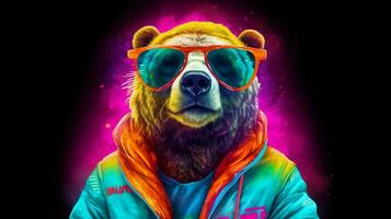 un' manifesto per un' orso con un' neon giacca e occhiali da sole foto