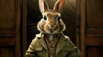 un' coniglio nel un' giacca e bicchieri con il parola foto