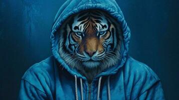 un' tigre nel un' felpa con cappuccio con un' blu felpa con cappuccio foto