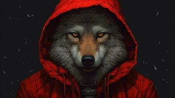 un' lupo nel un' rosso giacca con un' felpa con cappuccio foto