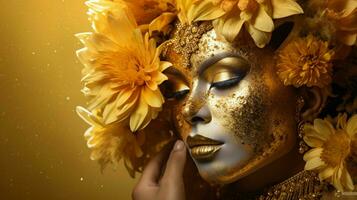 un' donna nel un' oro maschera con un' fiore su sua viso foto