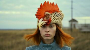 un' donna indossare un' pollo maschera e un' uccello su sua foto