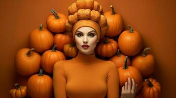 un' donna con un' zucca cappello su sua testa e un' bunc foto