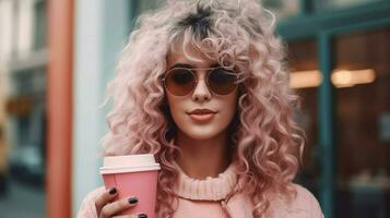 un' donna con occhiali da sole e un' rosa tazza di caffè foto