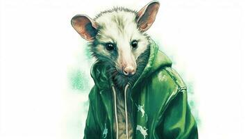 un illustrazione di un opossum con un' verde giacca foto