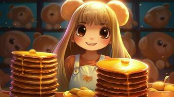 carino kawaii ragazza con Pancakes foto