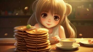 carino kawaii ragazza con Pancakes foto