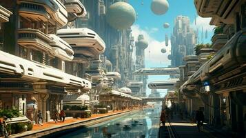 onirico scena di futuristico città con galleggiante foto