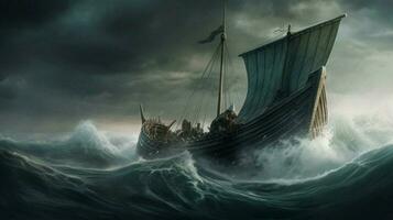 maestoso vichingo nave andare in barca su tempestoso mari con foto