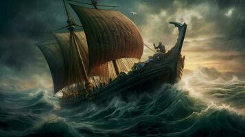 maestoso vichingo nave andare in barca su tempestoso mari con foto