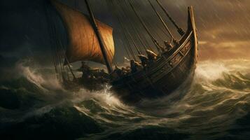 tempestoso oceano con vichingo nave combattendo onde foto