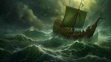 tempestoso mare con vichingo nave equitazione il onde foto