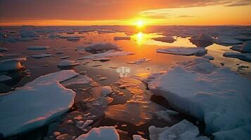 il sole imposta al di sopra di il ghiaccio floes nel il artico oceano foto